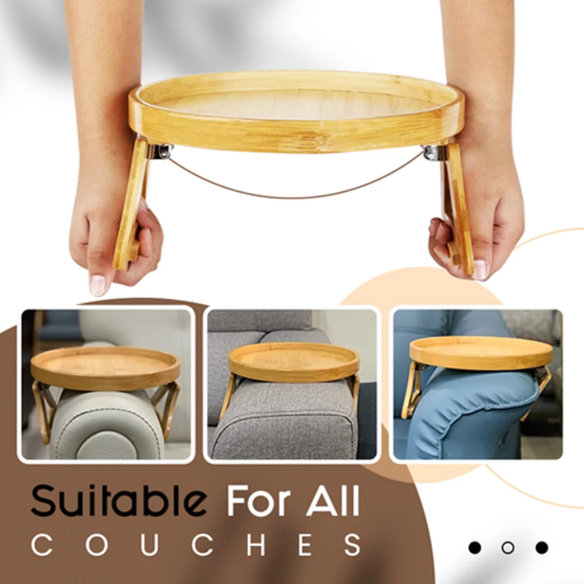 Natural Pine Wood Sofa Side Tables Round Portable and Foldable Sofa Armrest Clip-On Tray Waterproof Sofa Couch Arm Rest Organize