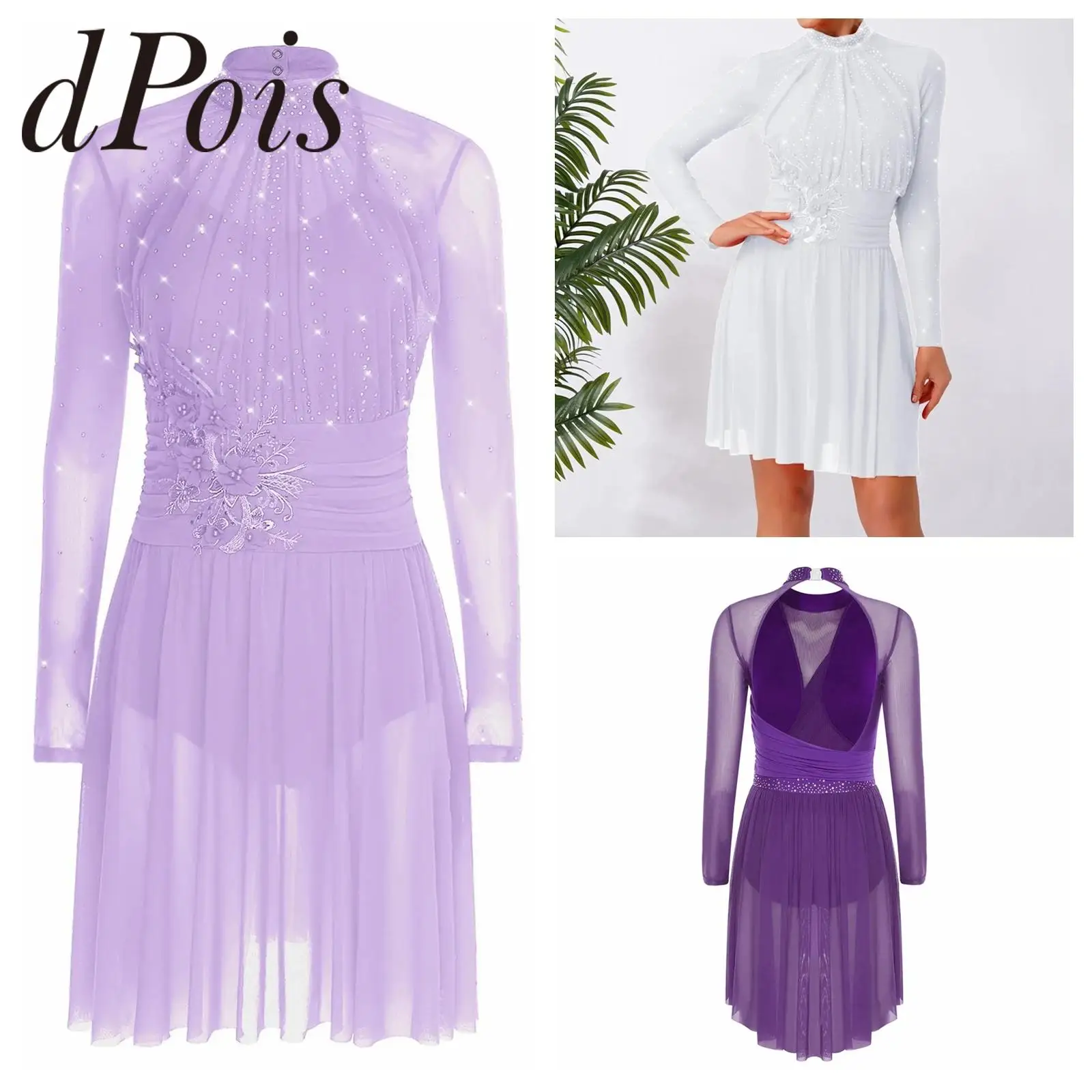 

Women's Rhinestones Figure Skating Leotard Costume Adults Back Hollow Long Sleeve Ballet Gymnastics Outfits Ice Skating Dresses