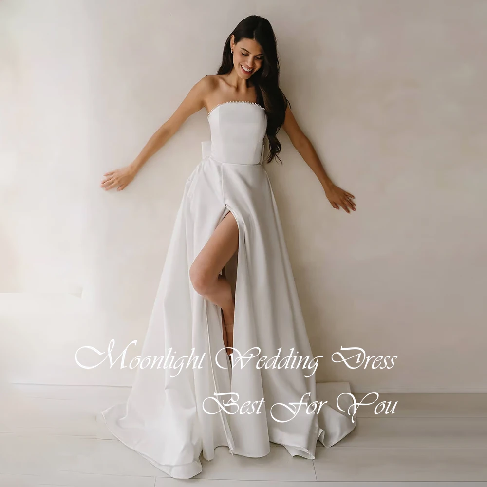 Robe De mariée trapèze festonnée avec nœud élégant, dos ouvert, sans manches, fente haute, boutons, personnalisée, 2026