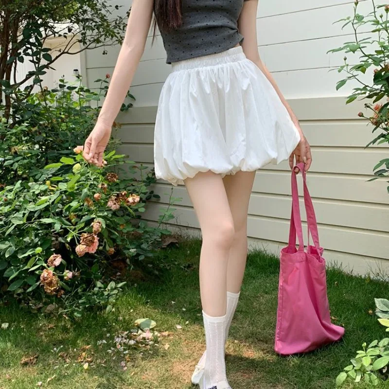 Elastic Waist Flower Bud Skirts Double Layered Pants Skirt Solid White Cute Bubble Skirt Cute Sweet Young Girls Summer Lolita