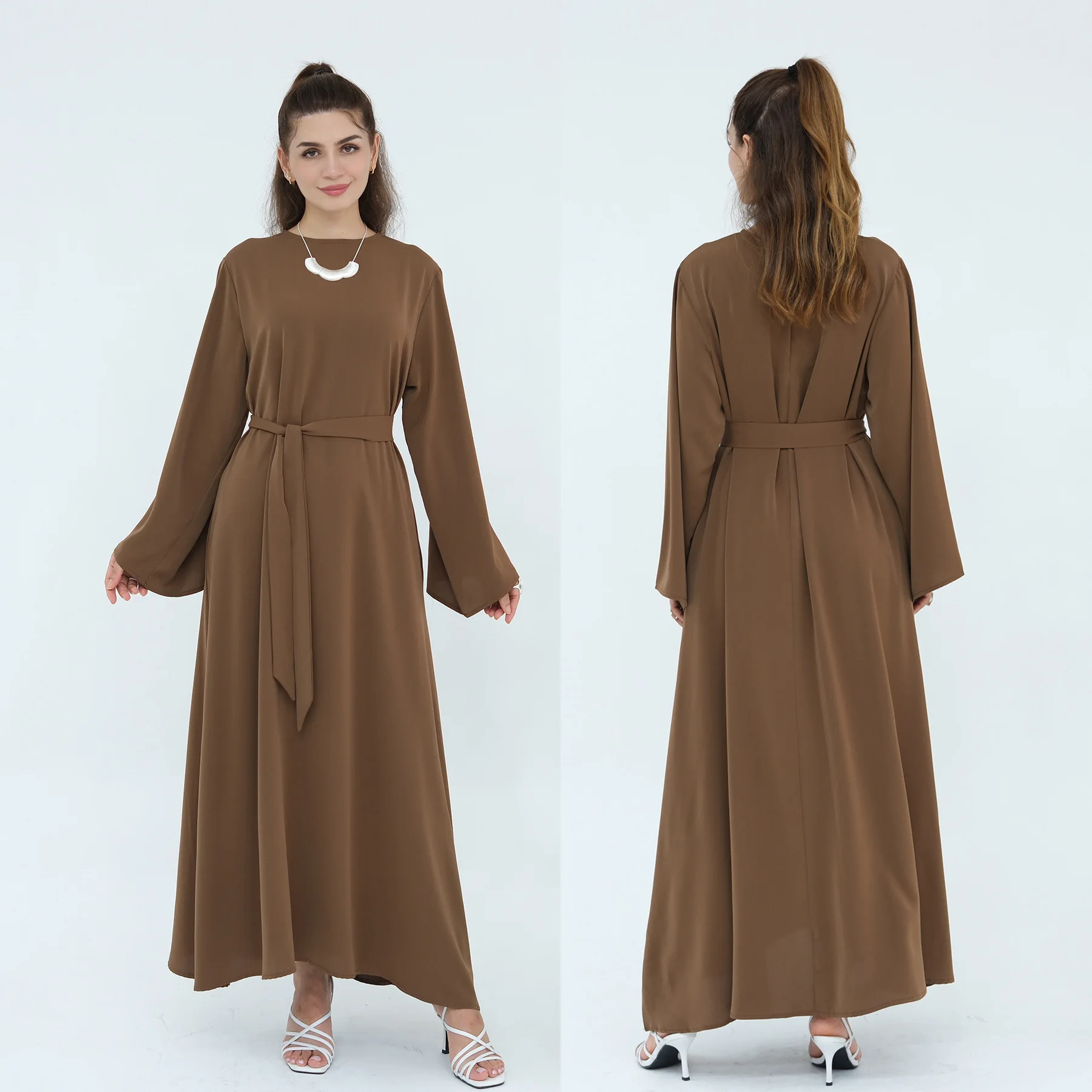 

2026 Muslim New Fashion Women's Solid Color Simple Basic Daily O-neck Long Sleeve Ankle Length Dress Female Middle East Clothes