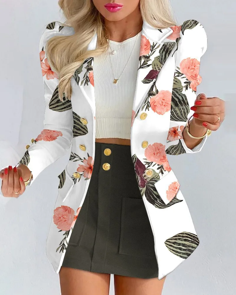 Women Print Two Piece Skirt Sets Mini Skirts A Line Slim Fit Casual Long Sleeve Coats Blazer Lapel Single Breatsted Casual Suits image 2