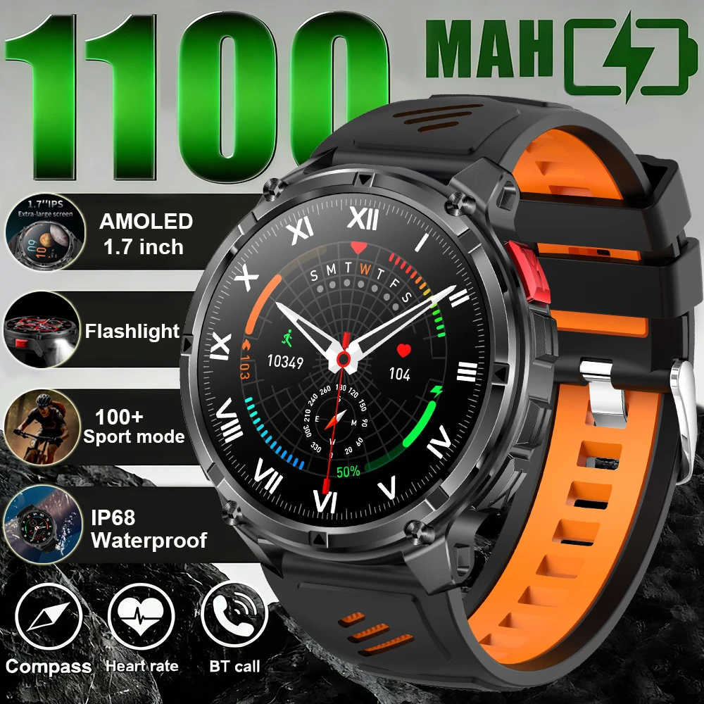 

2026 New Military Smartwatch Men 1100mah battery Flashlight Run RIDE Fitness Compass Tracker IP68 Waterproof BT call Smart Watch