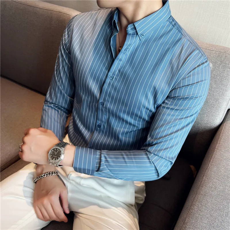 2022 Autumn New High Quality Striped Shirts Men Luxury Slim Fit Business Casual Shirt Formal Men Long Sleeve Party Prom Clothing