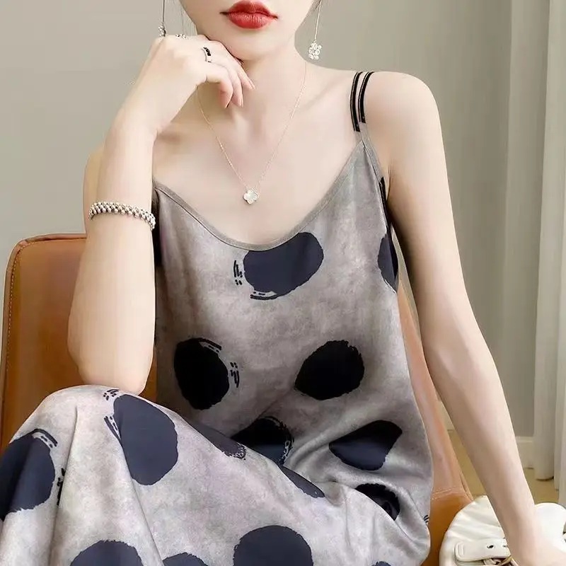 

Fashion V-Neck Printing Polka Dot Sleeveless Dress Women's Clothing 2024 Summer New Loose Office Lady Slip Dress