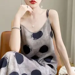 Fashion V-Neck Printing Polka Dot Sleeveless Dress Women's Clothing Summer New Loose Office Lady Slip Dress