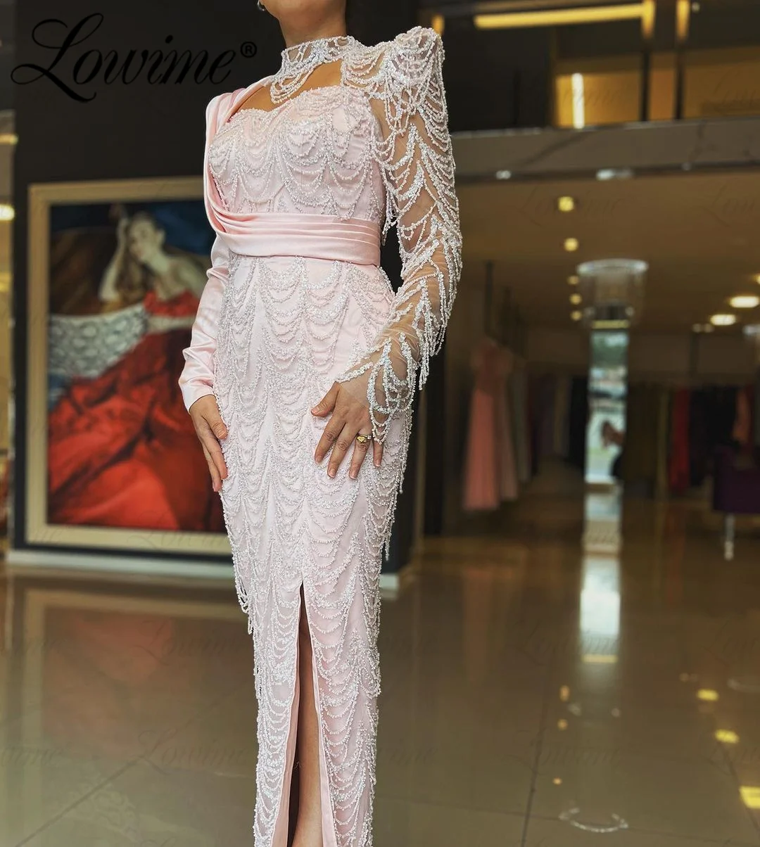 Pink Silver Evening Dresses Formal Long Sleeve Mermaid Arabic Party Gowns For Weddings Robe Beaded Aso Ebi Second Reception Wear