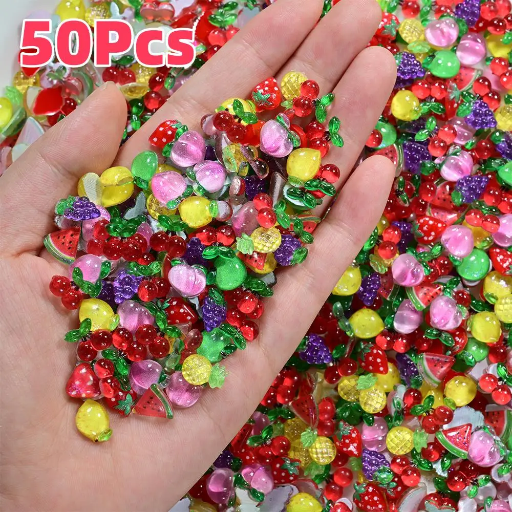 50Pcs 3D 여름 과일 네일 참 레진 체리/딸기/수박/복숭아 네일 아트 라인스톤 DIY 공예 매니큐어 장식