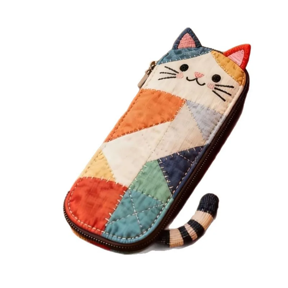 Leuke stoffen kattenetui Japanse stijl patchwork cartoon pennenzak kleurblok multifunctionele briefpapier opbergtas vriend