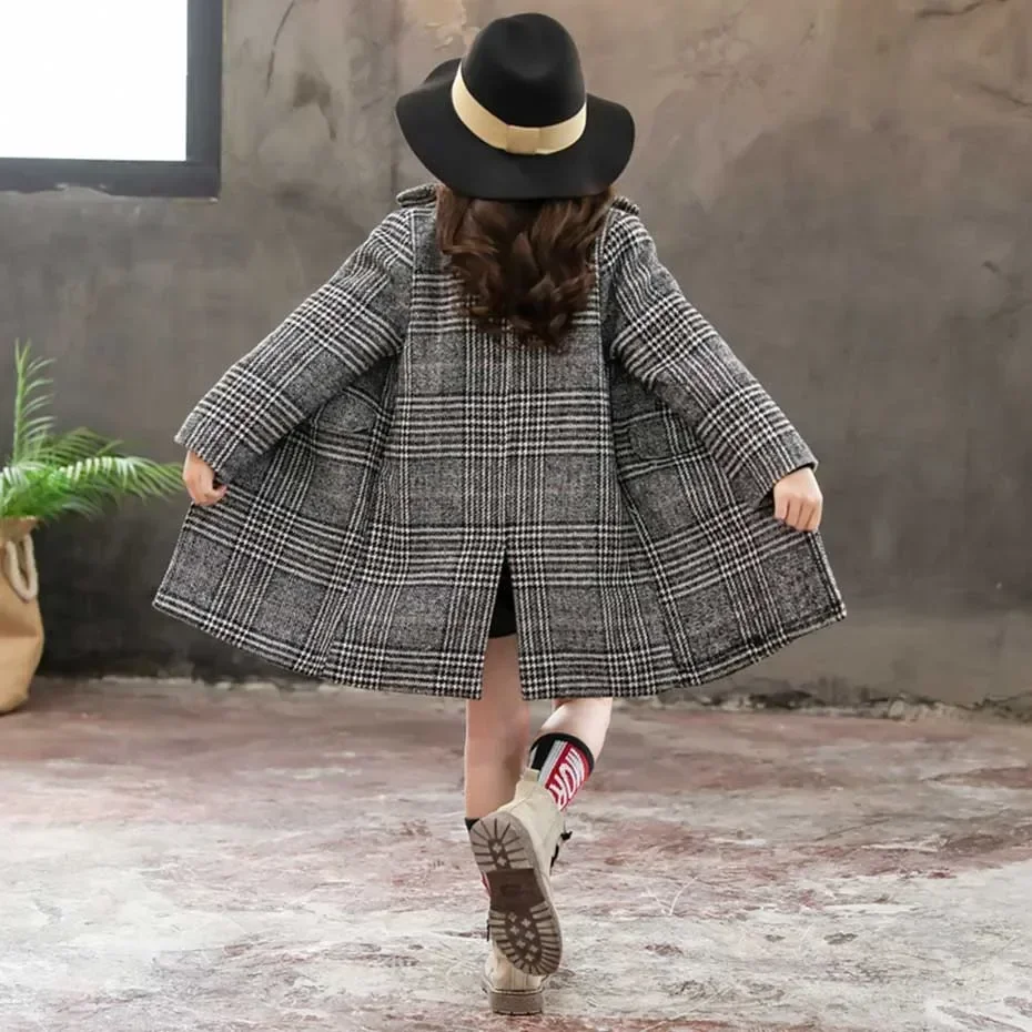 الفتيات معطف موضة معطف الصوف منقوشة للفتيات مزدوجة الصدر الاطفال ملابس خارجية الخريف ملابس الشتاء سميكة للفتيات 6 8 10 12 14