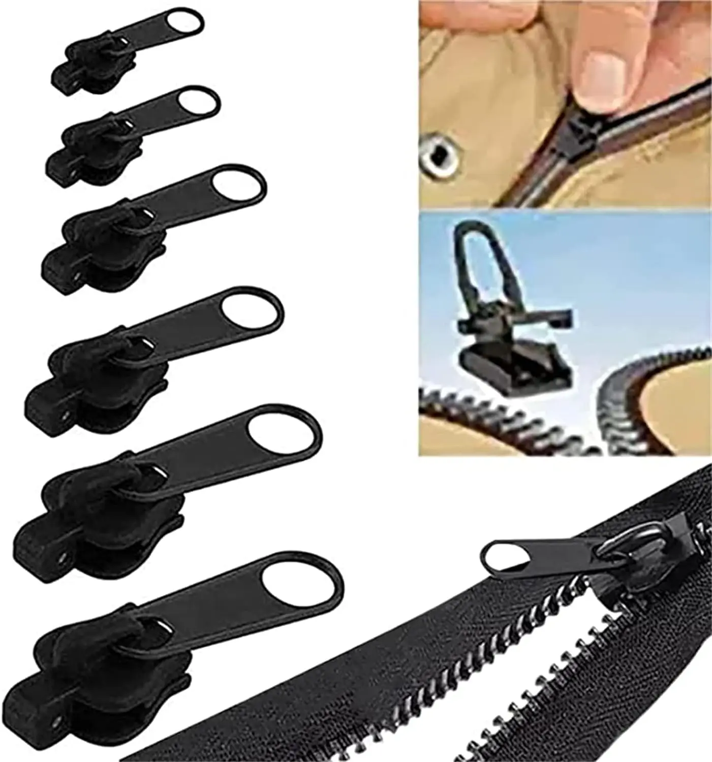 6Pcs Black Fix Zip Puller Zip Slider Repair Instant Kit, Instant Zipper Set, Fix Zipper Removable Rescue Replacement Pack