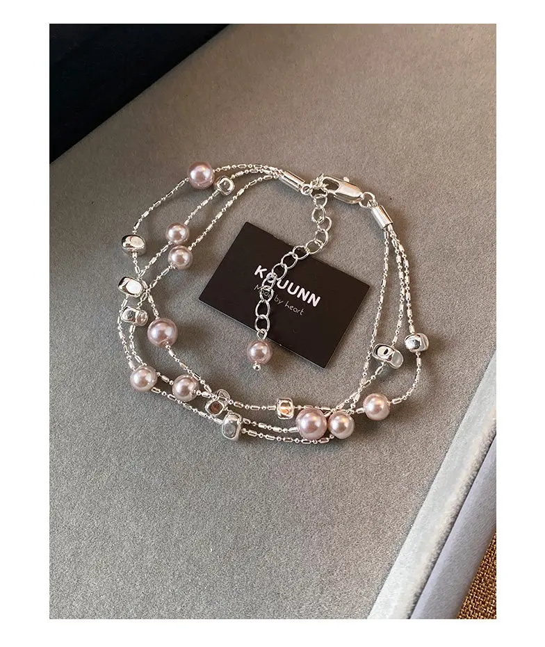 Manta Rose Lila Imitationsperlen Metall Dreischichtige Silberfarbene Armbänder für Frauen Luxus-Schmuck Stilvolles Handgelenk-Accessoire – Detail 9