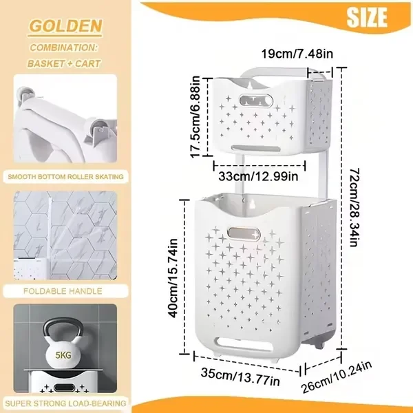 

Складная корзина для белья объемом 44 л с колесами и съемными сумками — дышащий, компактный сортировщик для дома, общежития, квартиры