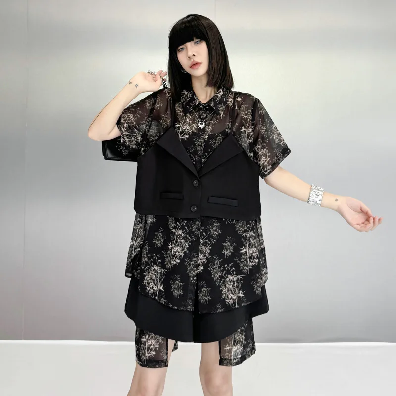 Tannt Set di pantaloni da donna Asimmetria Camicia in due pezzi finta Top Moda irregolare Pantaloni corti a vita alta Abiti a due pezzi 2025 Nuovo