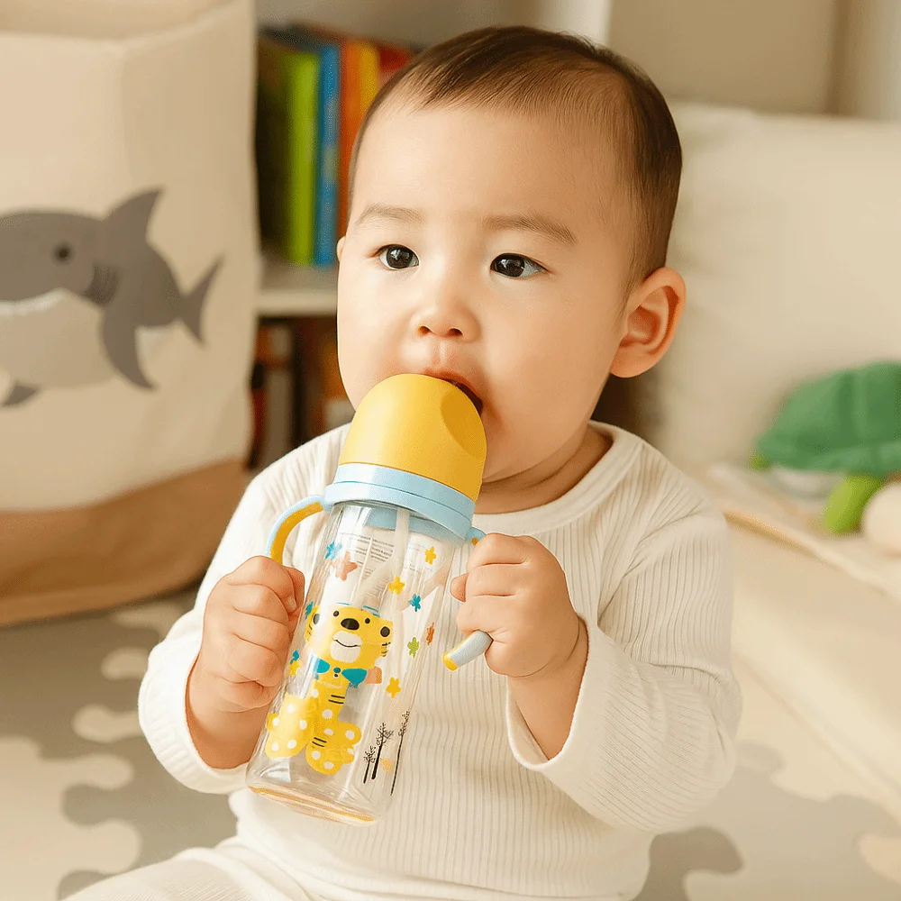 

Cute Cartoon Baby Milk Bottle with Handle Transparent Newborn Bottle Animal Pattern Easy Grip Toddler Milk Cup Travel
