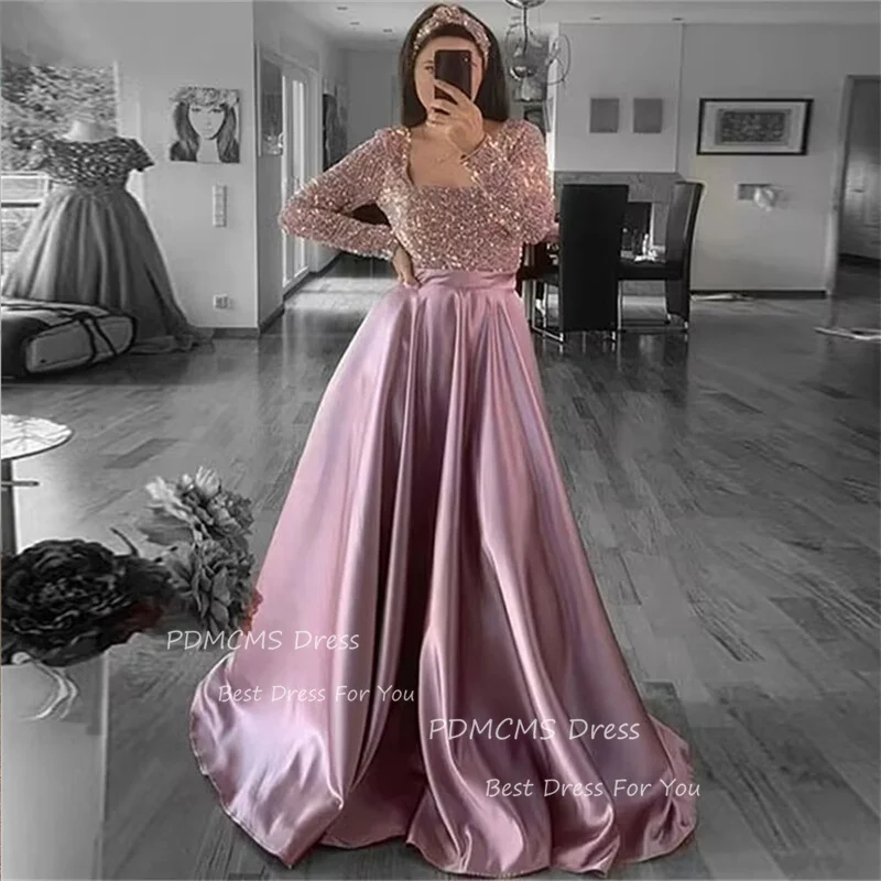 Glitter Purple Satin Evening Dresses for Women Muslim Square Neck A-Line Ball Dress Mothers Sequined Elegant Wedding Party Gowns