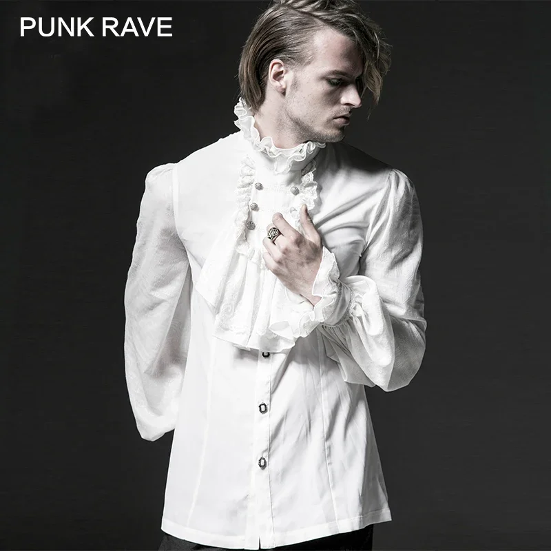 PUNK RAVE Gothic Black White Soft Lace High Stand Collar Stage Chiffon Men Shirt Male Long Sleeve Embossing Blouse Turtle Button