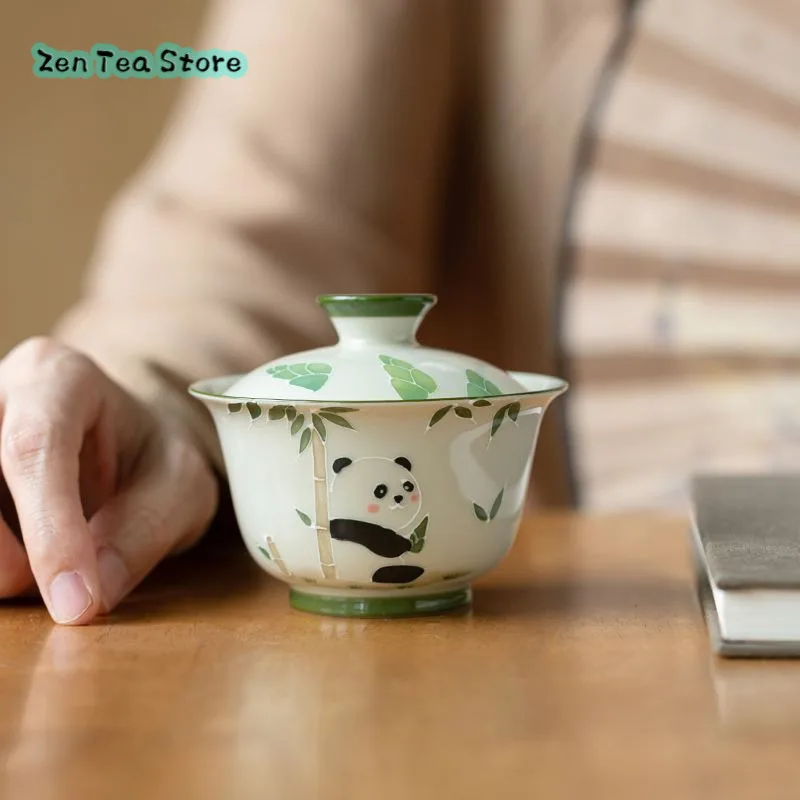 Wood Ash Pure Hand-painted Panda Two Tea Cover Bowl Single Kung Fu Tea Set Ceramic Chinese Style Is Not Hot