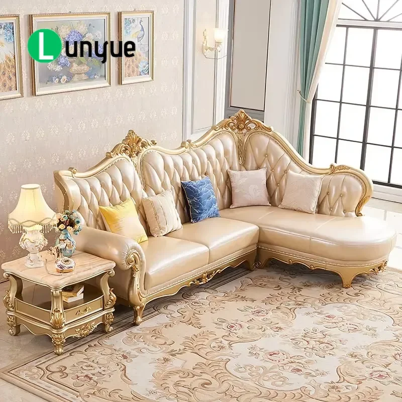 European Luxury Solid Wood Eco Leather L Shaped Sofa Set Light Luxury Living Room Furniture Full Combination Durable
