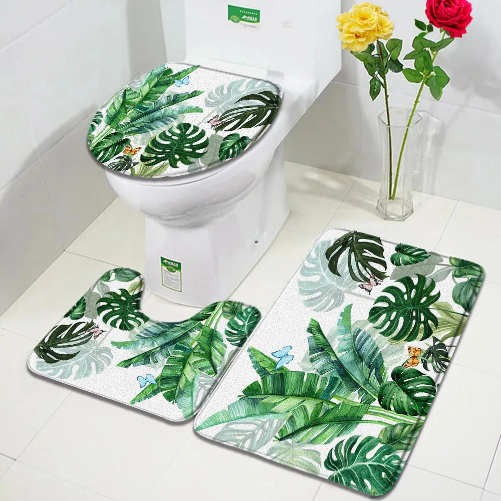 Tropical Leaves Bath Mat Set Green Palm Leaf Monstera Black Carpet Home Bathroom Decor Non Slip Rugs U-shaped Toilet Lid Cover