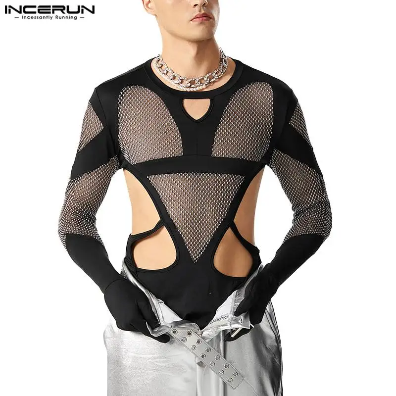 Incerun Heren Bodysuits Mesh Patchwork Transparante Fitness Holle Rompers T Shirt Mannen Handschoenen O-hals Lange Mouw Bodysuit S-5XL