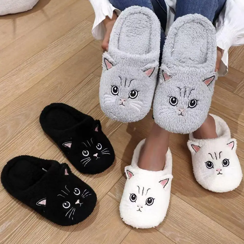

Winter Cotton Shoes Couple 2026 Plus Size Cute Cartoon Cat Flat Indoor Home Women's Slippers Soft Sole Warm Plush Man Slippers