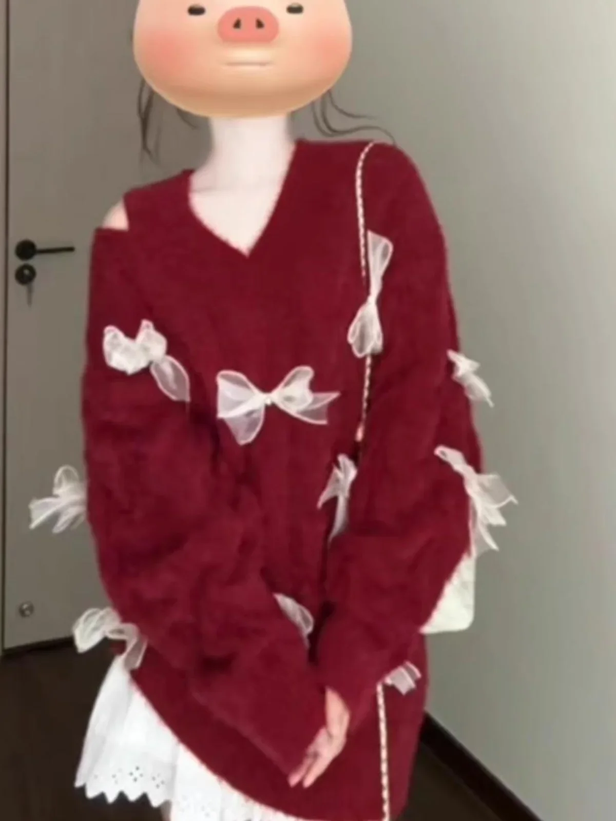 Sweet Soft Glutinous Off Shoulder Red Bow V-neck Sweater Women Clothing Autumn/Winter Minority Slouchy Knit Pullovers Women Tops