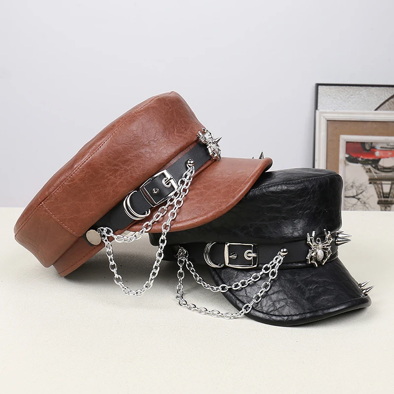 

Trendy Gothic Punk Black Leather Beret Hat Spider Studs Chain Belt Rivet Decoration Vintage Y2K Streetwear FlatTop Cap Men Women