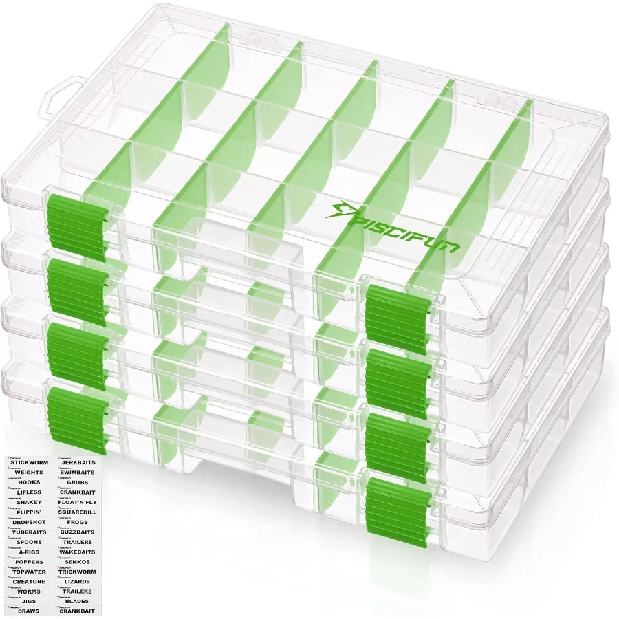 صناديق أدوات صيد السمك مع ملصقات مقاومة للماء وفواصل قابلة للإزالة لتنظيم الطعم حاوية تخزين بلاستيكية شفافة خالية من مادة BPA