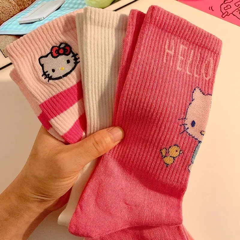 Sanrios Hello Kitty Kawaii Cotton Mid-calf Socks Girls Autumn Winter Cartoon Soft Breathable Women Soft Warm Sports Stockings