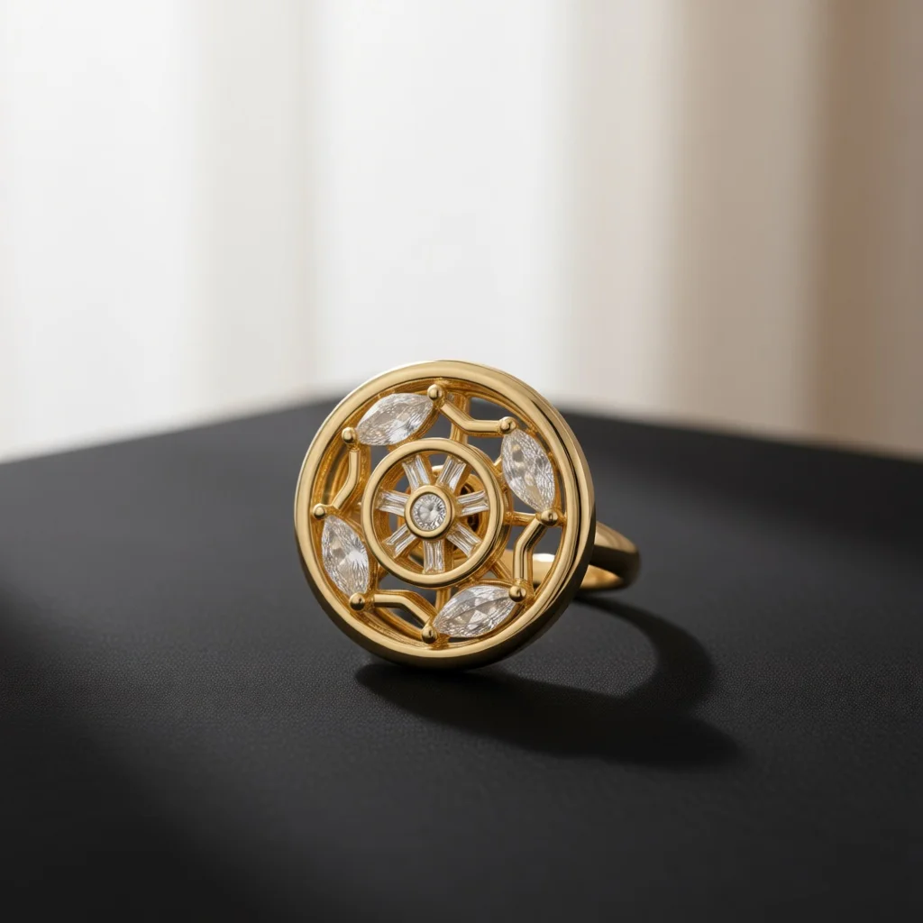 Gold-Tone Spinning Disc Zircon Ring for Women, Hollow Round Wheel Design Sparkling Clear Zircon Rotatable Statement  Jewelry