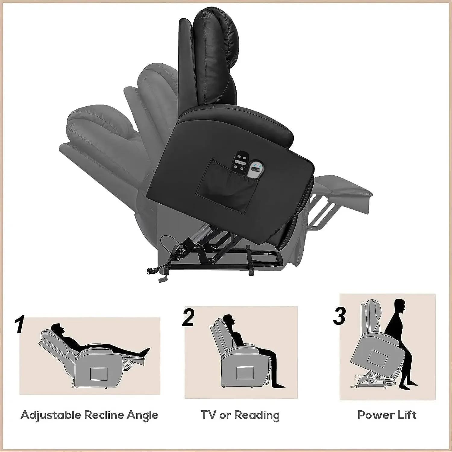 Kursi malas angkat daya kulit PU untuk orang tua, kursi santai ergonomis klasik Sofa tunggal