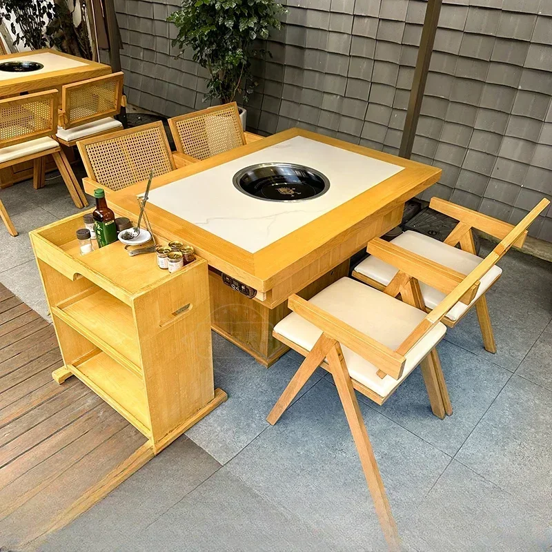 

smoke-free hot pot table and induction cooker integrated commercial solid wood marble barbecue booth Hot sales