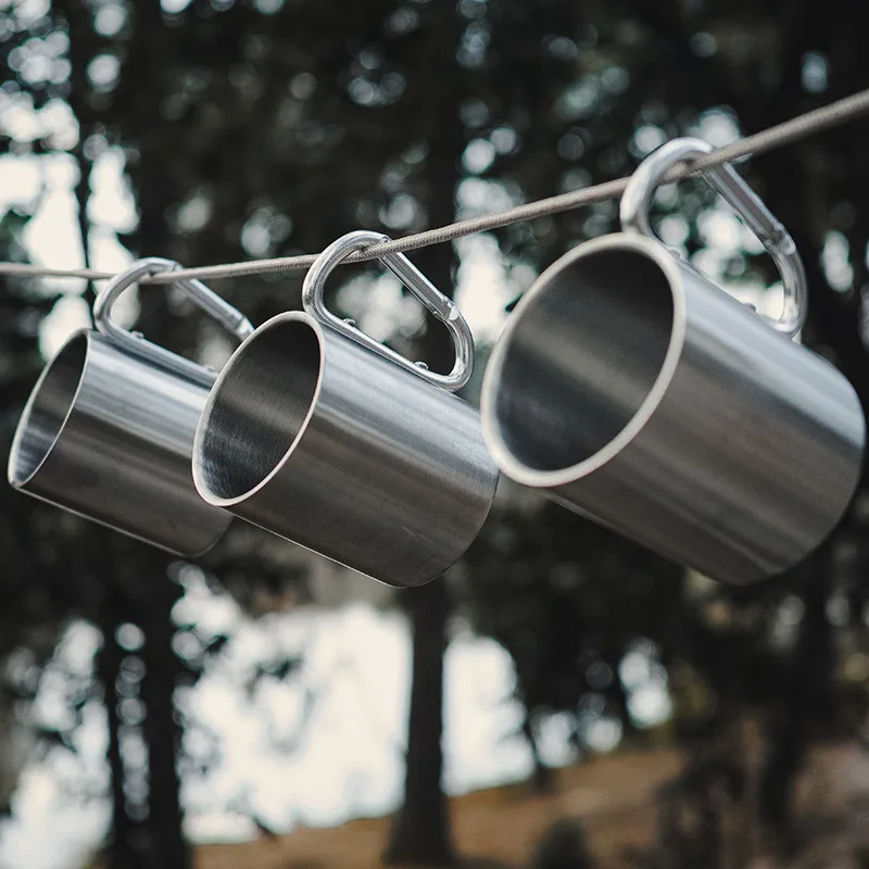 

Picnic outdoor water cup, portable coffee cup, stainless steel double-layer mountaineering buckle cups, camping tea cups mug