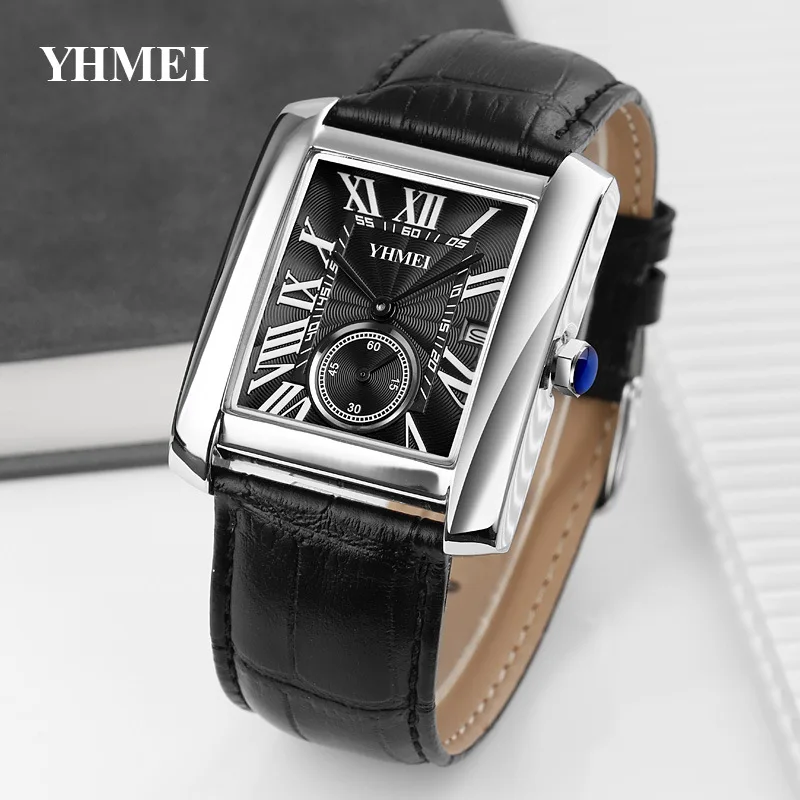 YHMEI Men Quartz Watch Rectangle Square Dial Genuine Leather Watches Male Luxury Brand Business Man Roman Numerals Wristwatch