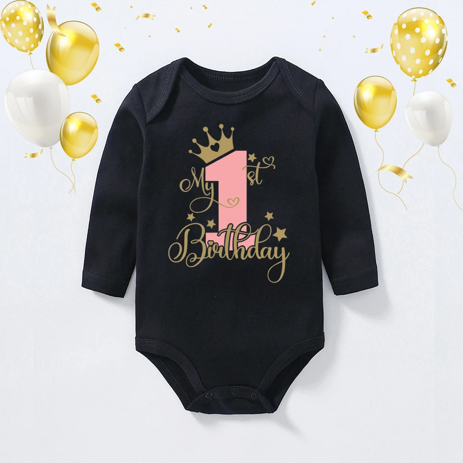 My First Birthday Long Sleeve Bodysuit For Baby Boys Girls Clothes Cute Princess Birthday Party Clothes Cotton Baby Girl Rompers