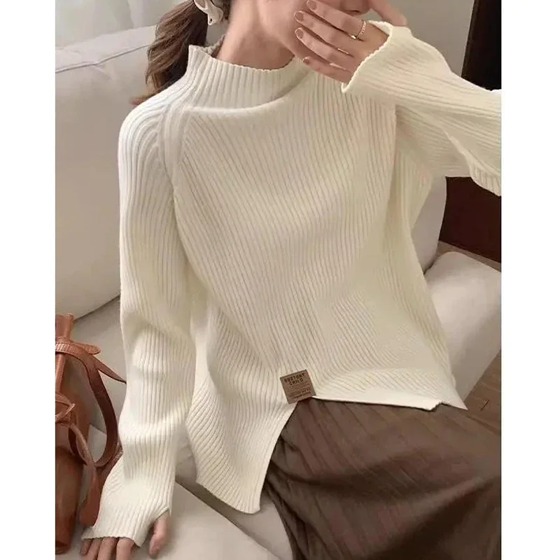 GIDYQ Korean Loose Half Turtleneck Sweater Women Solid Chic Slit Knitted Pullovers Elegant Office Ladies All Match Knitwear New