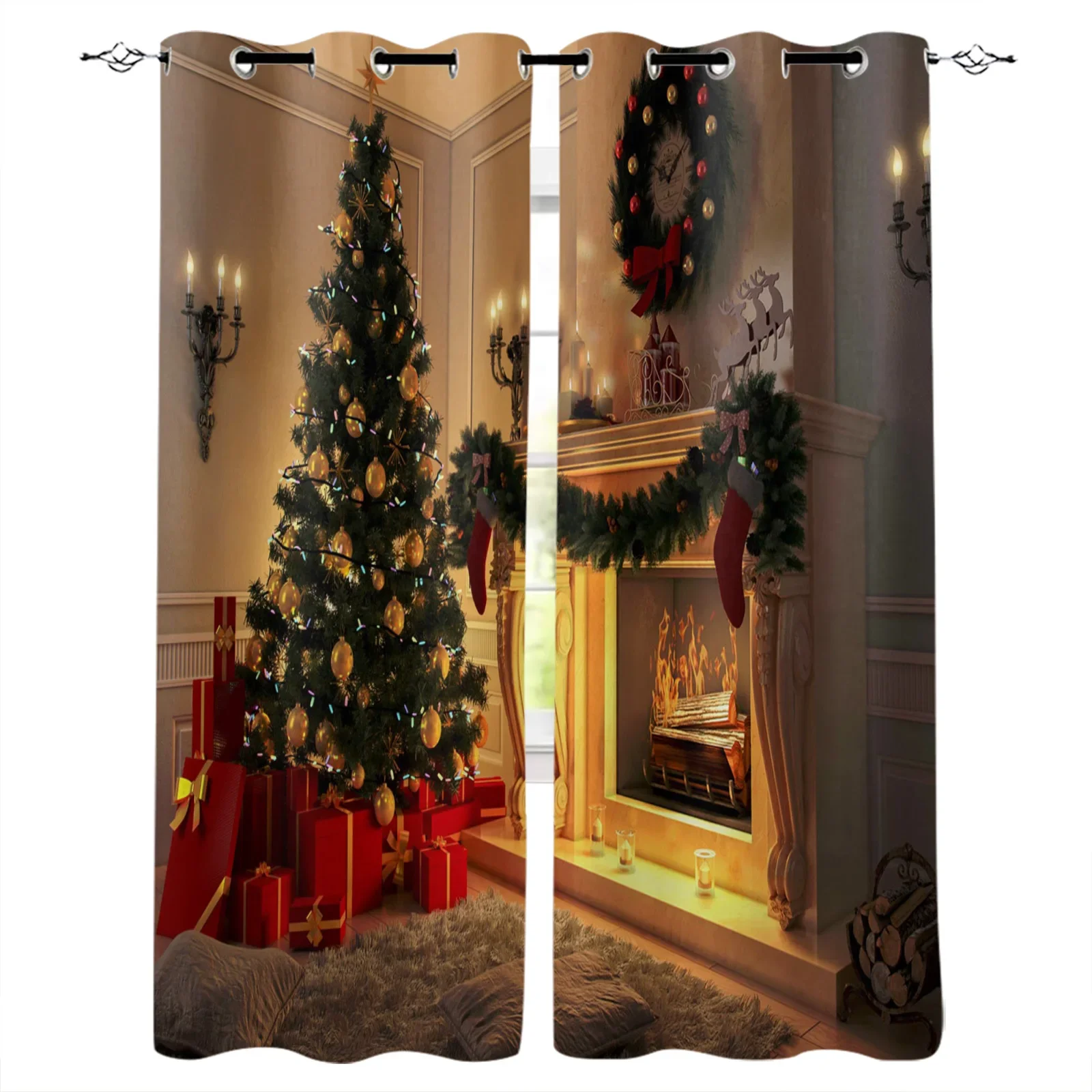 Christmas Tree Wreath Gifts Fireplace Blackout Curtains Window Curtains for Bedroom Living Room Decor Window Treatments