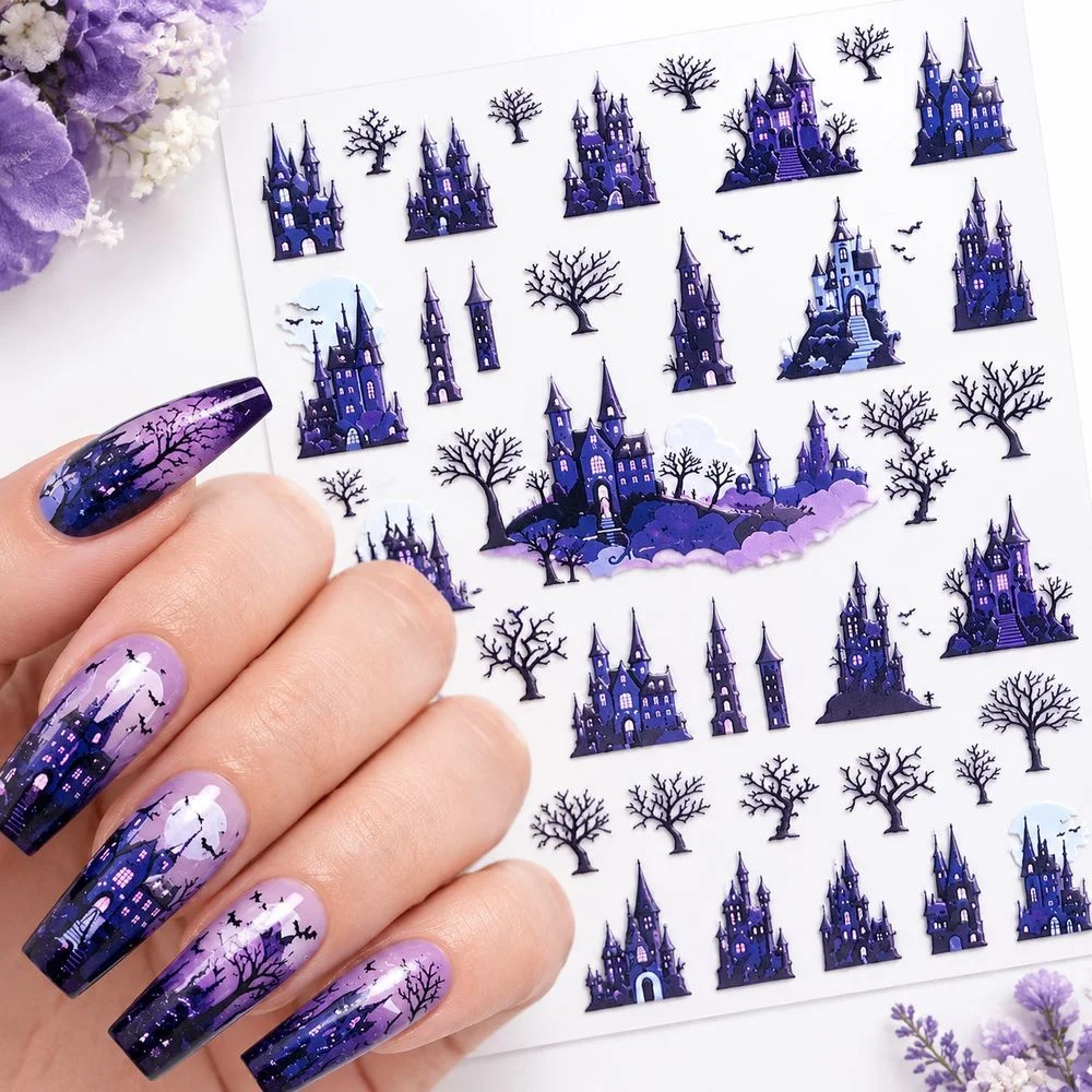 5D Large Pattern Halloween Nail Stickers Embossed Castle Bat Design Adhesive Waterproof Nail Decals for Extra Long Acrylic Nails