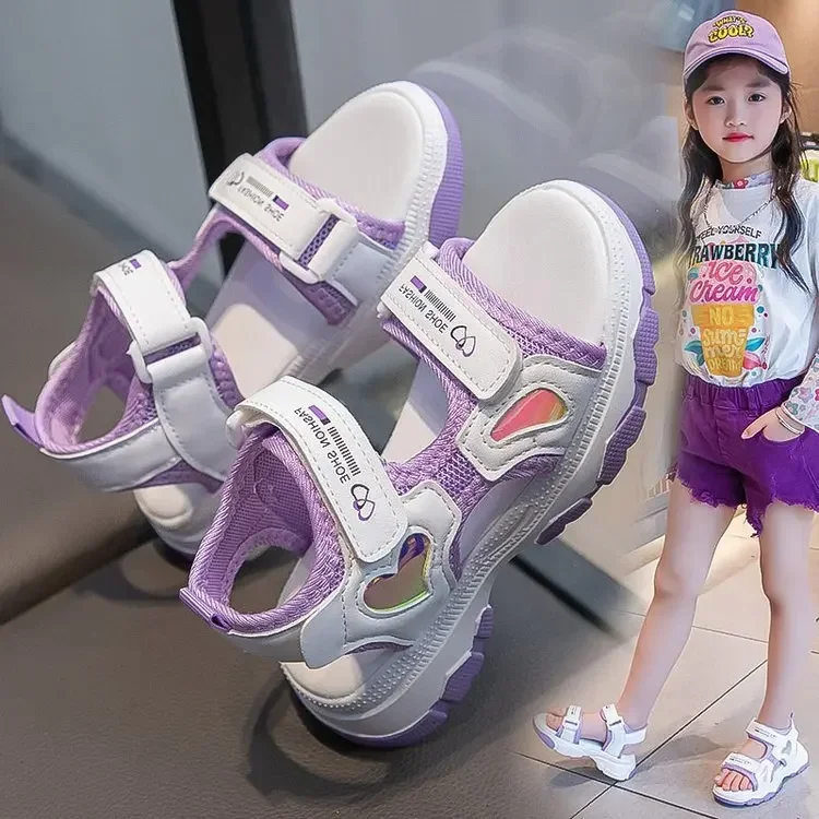 Girls' Sandals 2024 New Summer Kids Princess Beach Shoes for Vacation Soft Sole Anti Slip Girls Candy Color Flats Wear-resistant