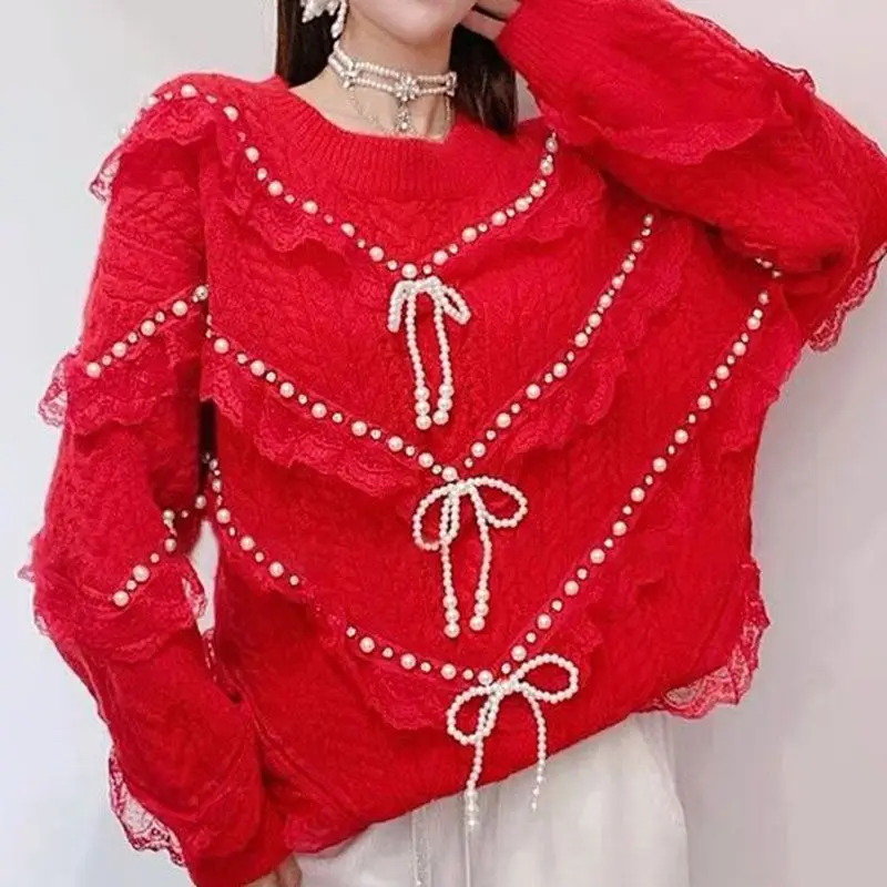 V Neck Solid Color Long Sleeve Pull Femme Jersey Mujer Sweater Y2k Autumn Winter Beading Tassel Lace Patchwork Jumpers