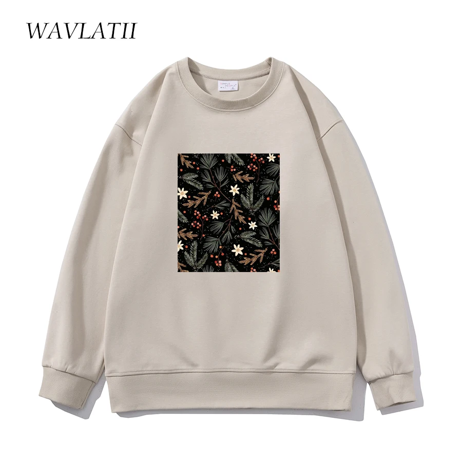 WAVLATII Women New Classical Printed  Sweatshirts Tops Female White Soft Cotton Casual Hoodies Lady Spring Autumn Clothes WH2350