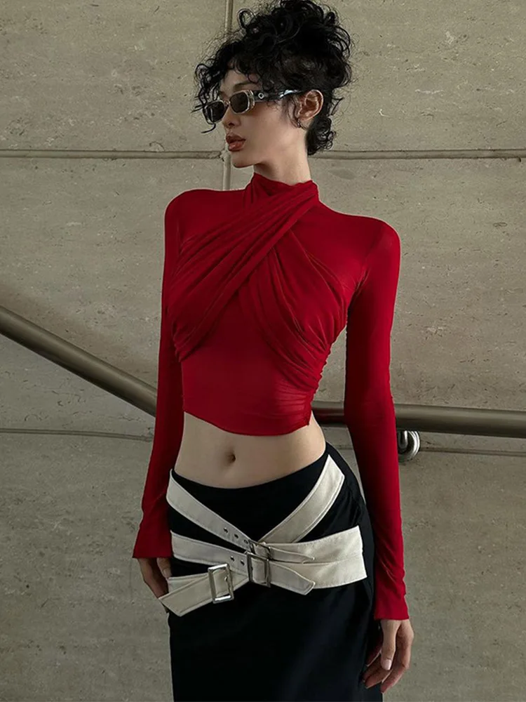 2024 Spring Fashion Mesh Turtleneck Long Sleeve Red Draped Bandage Sexy See Through Crop T-Shirt Top Streetwear Club