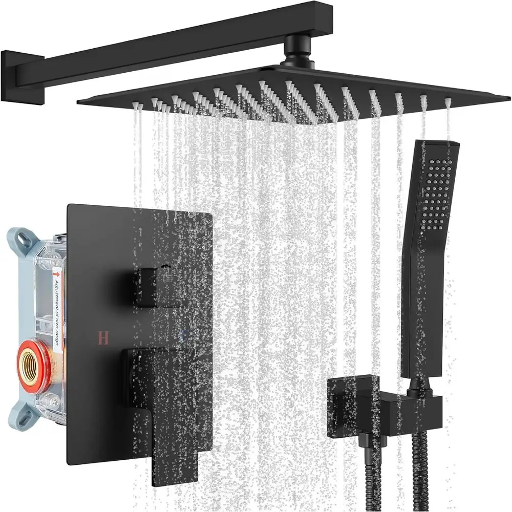 10 Inch Matte Black Wall Mounted Shower System with Rain Shower and Handle Set, Solid Brass Mixer