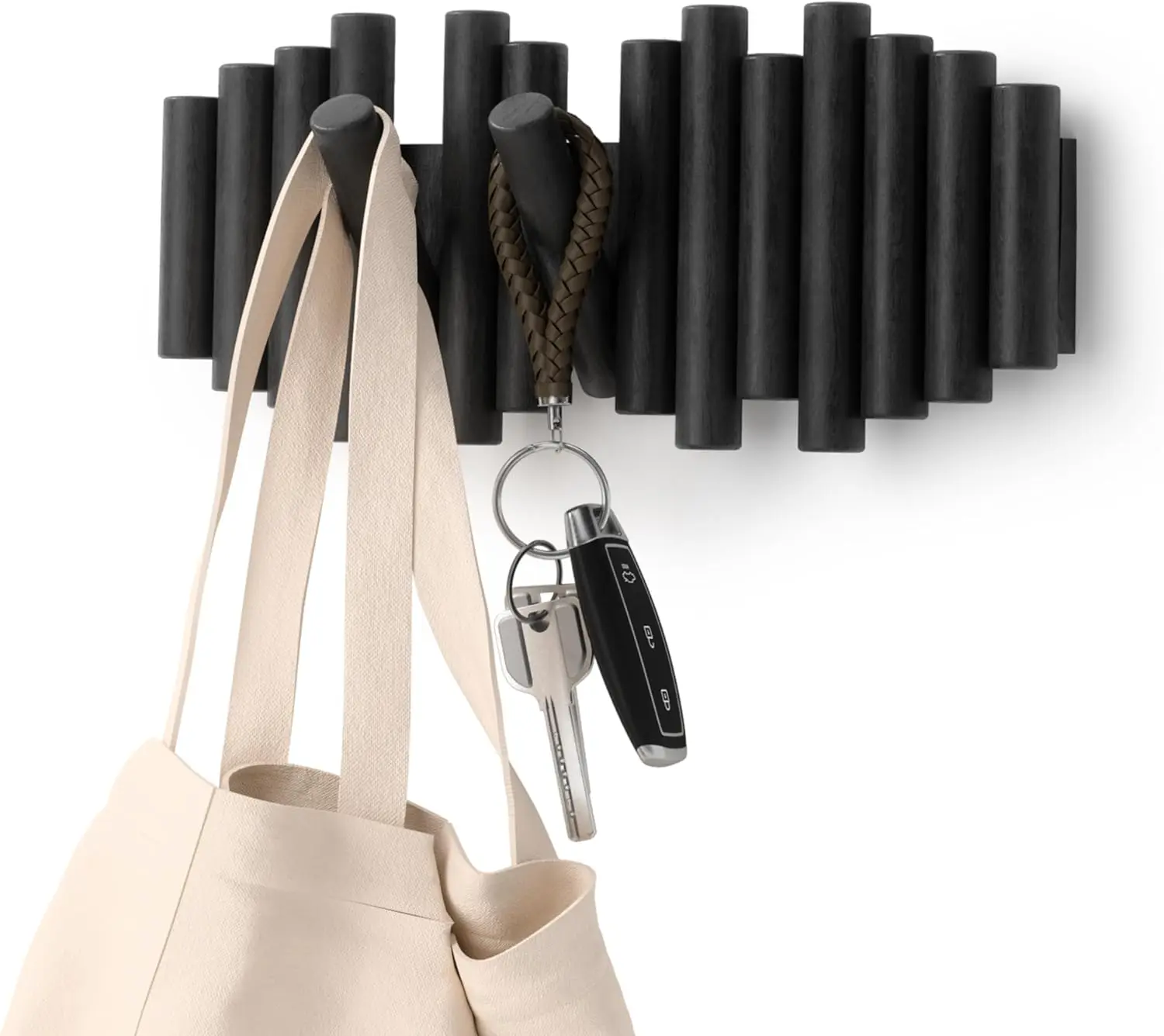 Wall-Mounted Coat Rack with 5 Retractable Wood Pegs - Modern Space-Saving Storage Organizer in Black