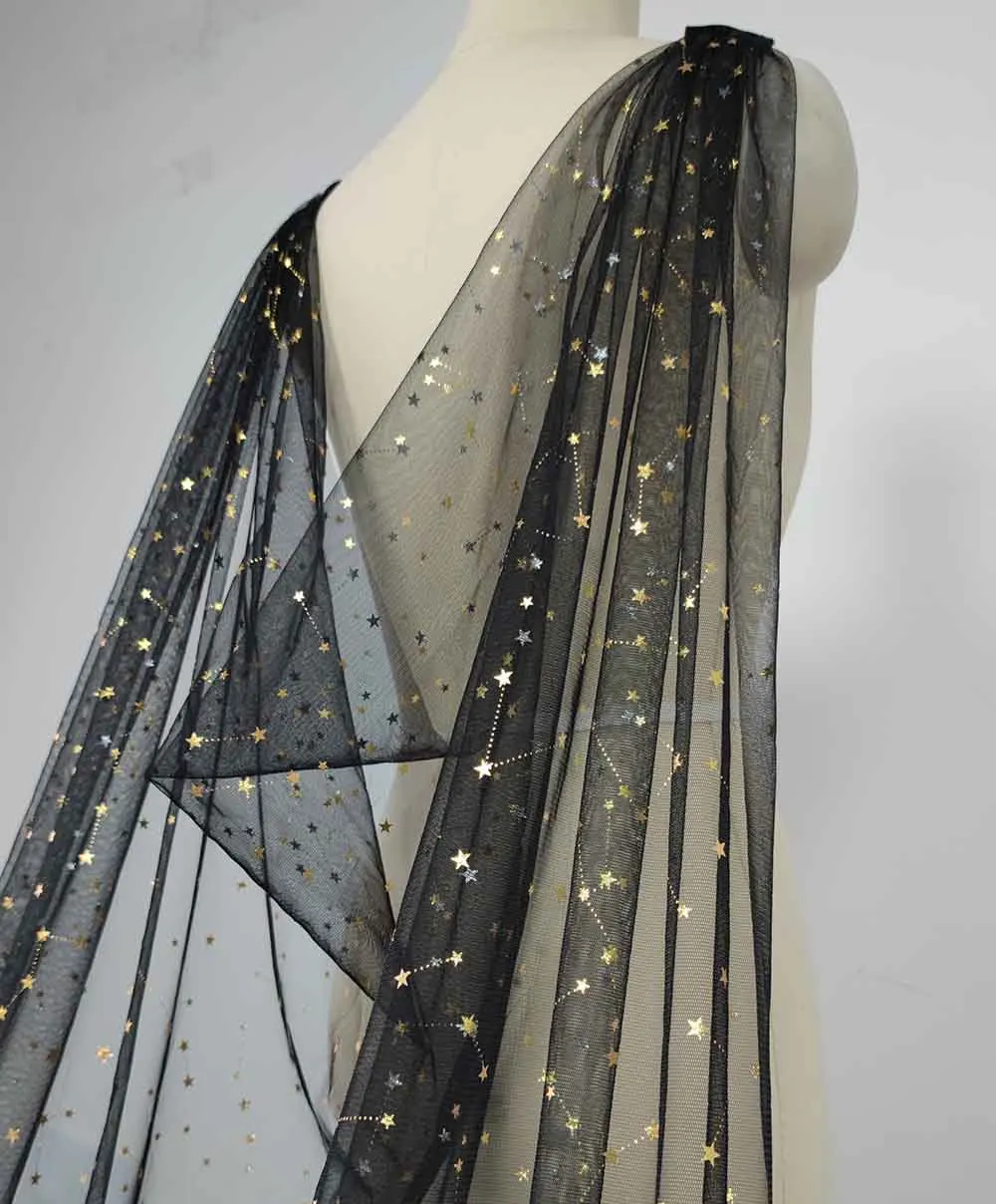 Capa de casamento personalizada com fotos reais, com tule preto e estrelas douradas, jaqueta bolero de noiva de 3 metros de comprimento para noiva