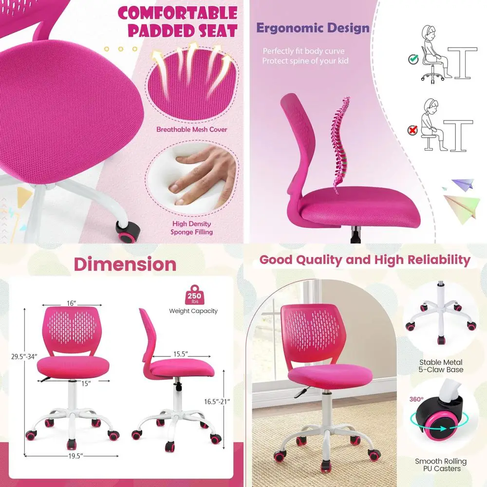 

Mid-Back Swivel Desk Chair, Adjustable Height, Armless, Upholstered Mesh Seat, Rose