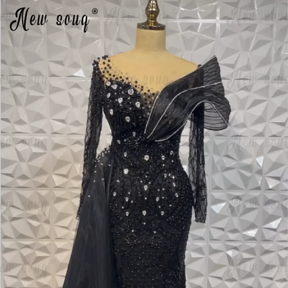 

Arabic Black Long Sleeve Evening Dress Luxury Beading Crystals Formal Prom Dresses For Women Wedding Party فساتين طويلة