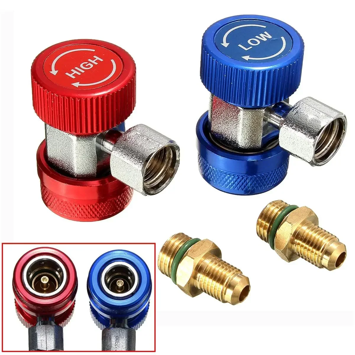 A/C R134a Low/High Quick Connect Adapter Coupler 90degree AirConditioning Extractor Valve Core