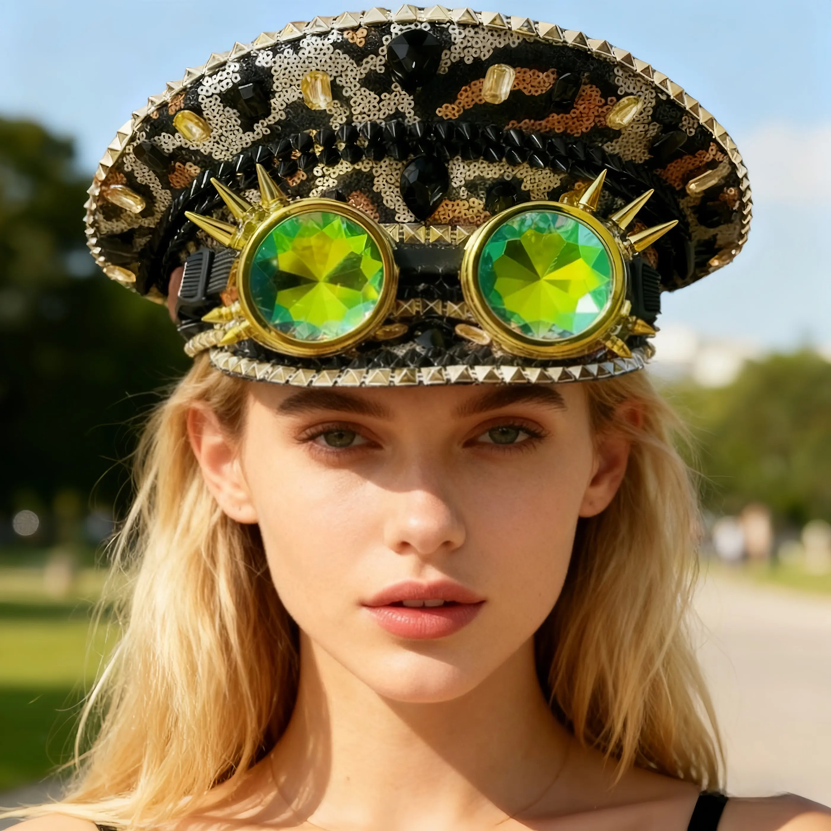 HongLuan Golden Steampunk Captain Hat حجر الراين مع نظارات لحرق الرجل مهرجان المرأة، الملحقات العسكرية وقبعة للرجل